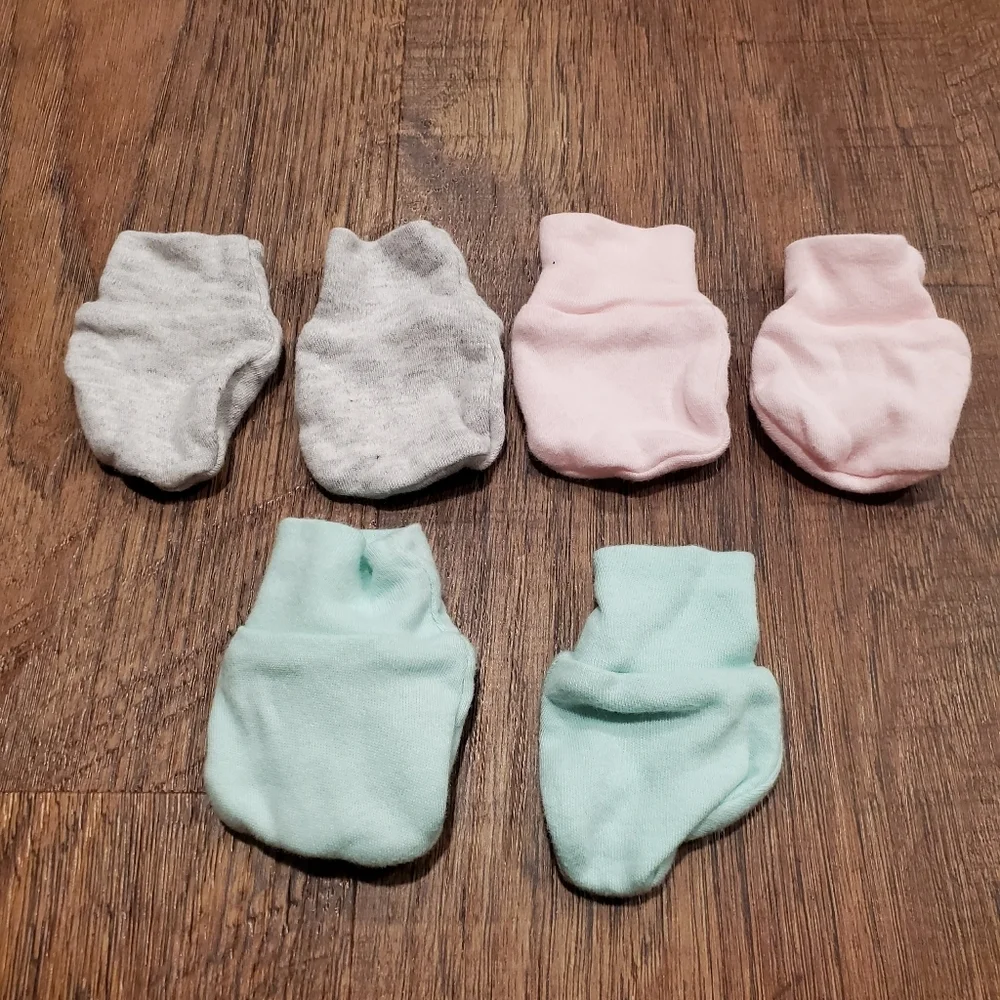 Target 3 Baby Girl Mitts Mittens Infant Green Gray Pink Pastel Newborn Cotton NB